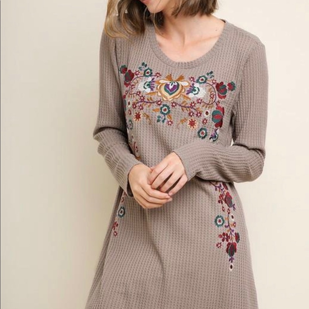Umgee Plus Size Grey Waffle Knit Embroidered dress